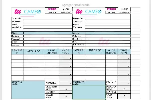 , Formato para pedidos